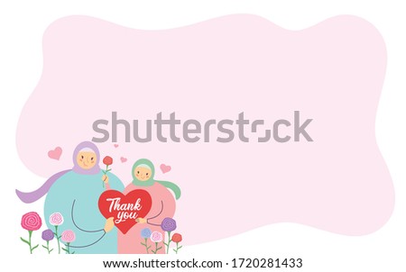 Happy Mother's Day greeting card template or copy space. Muslim mother & daughter holding heart shape "thank you" card. Cartoon girl give mom carnation flower. Motherhood flat design illustration.