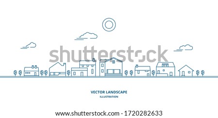 village landscape with houses and trees. Suburban landscape. Thin line design style vector.