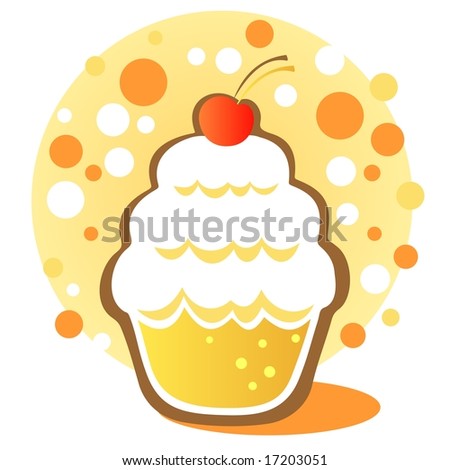 Cartoon cupcake with cherry on a white background.