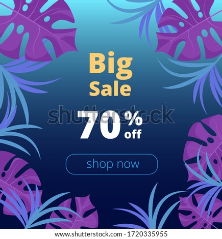 vector poster with tropical leaves and the inscription discount 70 percent