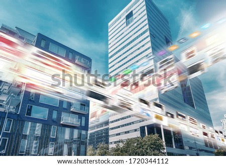 5G network concept, wireless systems Meta, big data, zuidas, online shopping, connecting people, metaverse, AR data stream, smart city, cloud computing, Amsterdam, picture, photo Royalty-Free Stock Photo #1720344112