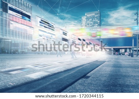 5G network concept, Meta, wireless systems, big data, zuidas, online shopping, connecting people, business area, AR data stream, smart city, cloud computing, metaverse, picture, photo Royalty-Free Stock Photo #1720344115
