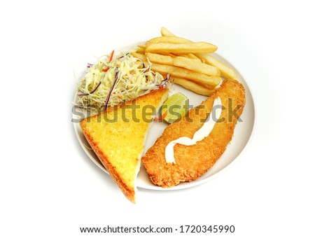 Fish and Chip or Fried fish with vegetable salads and french fries on white background.