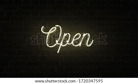 Bright neon yellow sign saying the word Open on a dark brick wall background, indicating a store, shop, pub or restaurant is now open for business sign. Royalty-Free Stock Photo #1720347595