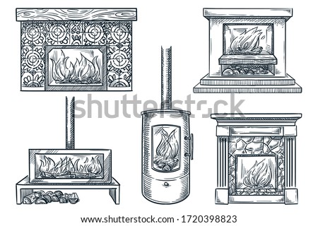 Fireplaces set, isolated on white background. Hand drawn vector sketch illustration. House interior vintage design elements. Old and contemporary home chimneys collection Royalty-Free Stock Photo #1720398823