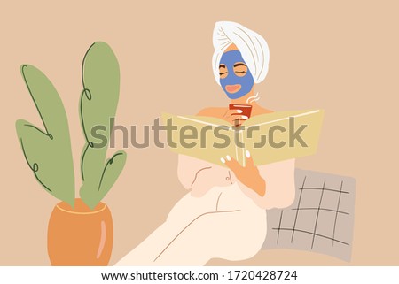 Woman reading a book during some beauty treatments, applying facial mask at home. Vector illustration in flat cartoon style Royalty-Free Stock Photo #1720428724