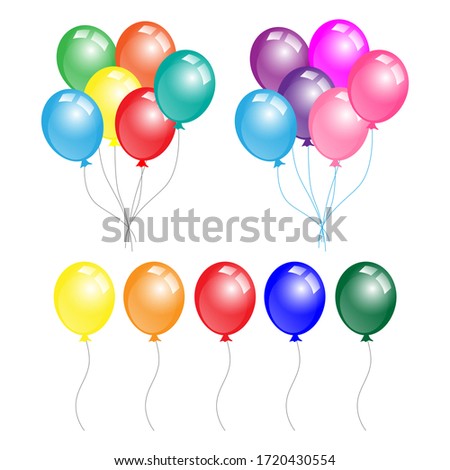 Collection of realistic vector helium balloons (red,  yellow, purple, blue, green, pink) for birthday, party, balloon flight celebration