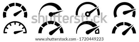 Speedometer, tachometer icon. Speed indicator sign. Internet car speed. Performance concept. Speedometer set. Fast speed sign. Flat simple icon - stock vector. Royalty-Free Stock Photo #1720449223