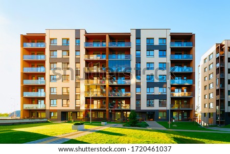 Apartments in residential complex. Housing structure at modern house, Europe. Rental home. Architecture for property investment. Royalty-Free Stock Photo #1720461037