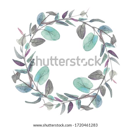 Wreath of green eucalypt leaves isolated on white background. Hand painted floral clip art, round frame. Watercolor illustration for wedding, greeting cards in boho or rustic style, design, print.