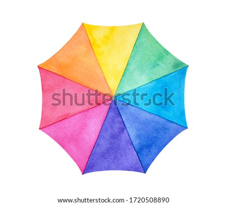 Water color illustration of bright opened Rainbow Umbrella. One single object, round shape, top view. Hand painted watercolour graphic drawing on white, cutout clip art element for creative design.