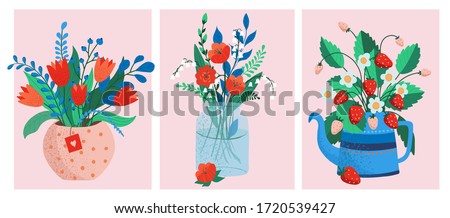 flower bouquets in wrapping and blooming plant. poppies and lilies, strawberry. tulip composition. Decorative florist shop item. Royalty-Free Stock Photo #1720539427