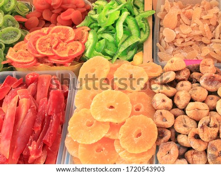 A display of dried fruit in a stall in Venice, Italy.