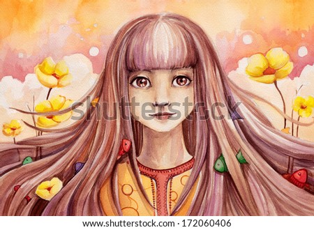 Girl drawing face  with long hair,flowers  and fishes