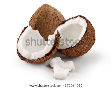 Coconut on a white background. Parts of coconut