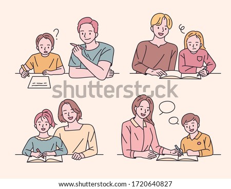 The children are studying with their parents. flat design style minimal vector illustration.