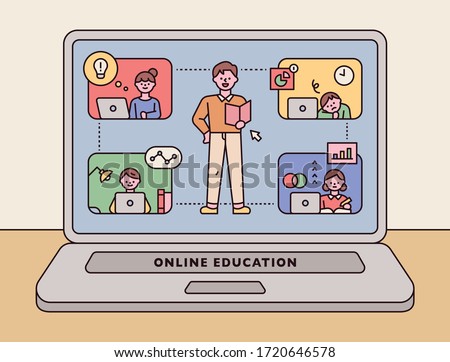 Laptop screen. The teacher is teaching on the Internet, and the students are taking classes online. flat design style minimal vector illustration.