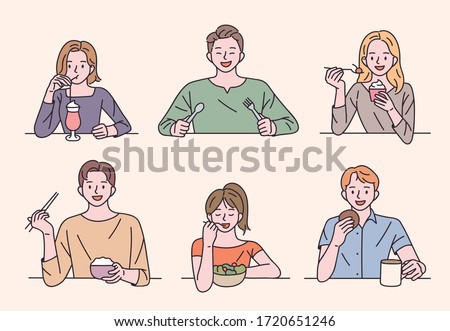 People are sitting at the table and eating a variety of foods. flat design style minimal vector illustration.