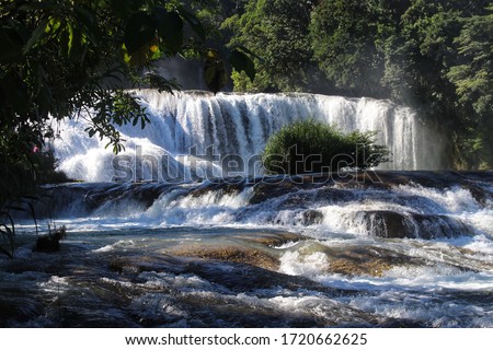 Agua Azul, Mexico - April, 2020: Beautiful waterfalls and cascades in Chiapas.