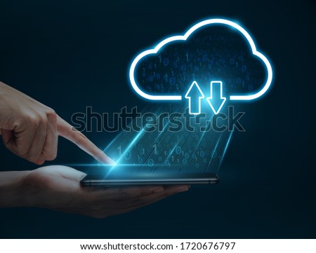 Cloud computing concept, Man hand using smartphone connect to cloud for transfer data. Royalty-Free Stock Photo #1720676797