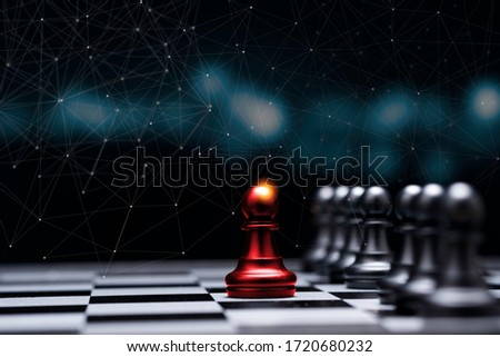 Red pawn chess stepped out of line to show different thinking ideas and leadership. Business technology change and disruption for new normal concept. Royalty-Free Stock Photo #1720680232