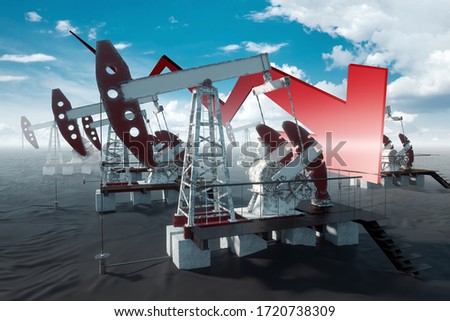 Oil pump, derrick industrial oil production standing in the field, falling oil prices, red arrow down. Technology concept, fossil energy sources, hydrocarbons. Mixed media copy space