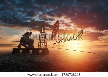 Oil pump, oil rig industrial oil production on the background of a beautiful sunset. Technology concept, fossil energy sources, hydrocarbons. Mixed media copy space