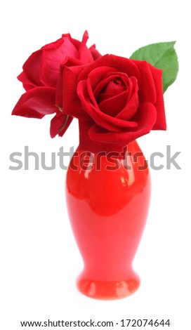 Closeup of red roses in a flower vase over white background