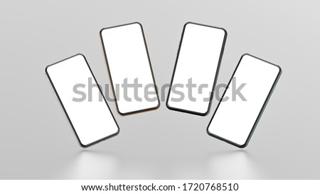 Gold, silver, green and black smartphones with blank screen, isolated on dark background. Template, mockup. 3d illustration.