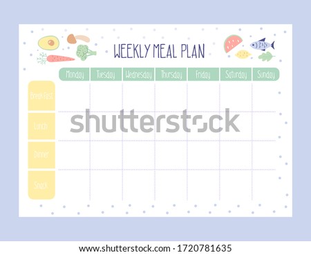 Weekly Meal Planner with simple flat illustrations. Template for agenda, meal healthy planners, and other stationery. Isolated. Vector. Royalty-Free Stock Photo #1720781635