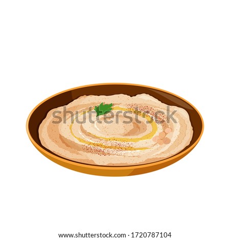 National dish of Jewish cuisine Hummus in ceramic bowl. Realistic vector illustration. Royalty-Free Stock Photo #1720787104