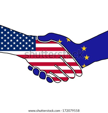 Vector with two shaking hands, USA - EU