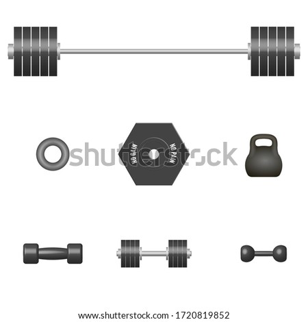 Set of 3D sports equipment items. Elements design for gym and fitness room. Front view, vector illustration.