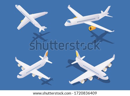 Isometric passenger airplanes during take-off, in flight and on ground. Vector concept collection isolated on blue background with shadows Royalty-Free Stock Photo #1720836409