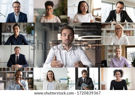 Screen application view of diverse businesspeople talk brainstorm on video call on computer gadget, multiracial colleagues have webcam conference, engaged in web work briefing or team online meeting Royalty-Free Stock Photo #1720839367