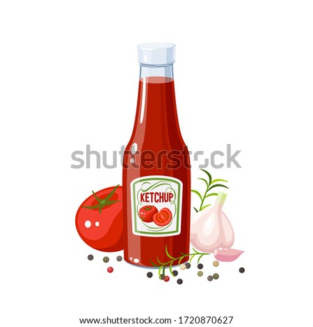 Ketchup bottle and ingredients: tomato, garlic and pepper. Vector illustration cartoon icon isolated on white. Royalty-Free Stock Photo #1720870627