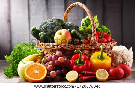Composition with assorted organic vegetables and fruits. Royalty-Free Stock Photo #1720876846