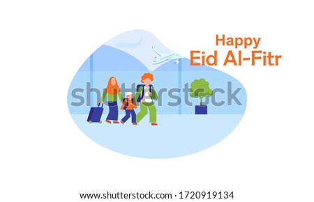 Happy eid with Muslim family returning home illustration