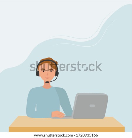 Contact us. A man with headphones and a microphone with a computer. Illustration of the concept for support, assistance, and call center. Vector illustration in flat style