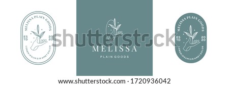 abstract vector logo design with hand and leaves. symbol for cosmetics, jewellery, beauty products badge on feminine style. suitable for floral and botanical business Royalty-Free Stock Photo #1720936042