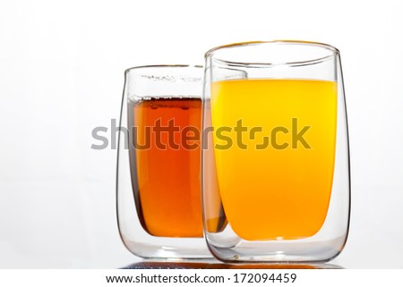 two glasses with drinks on a white background