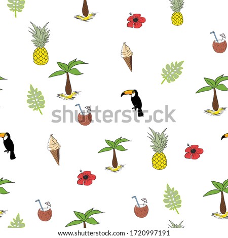 Hand drawn tropical vector seamless pattern. Pineapple palm trees, ice cream and toucan birds.