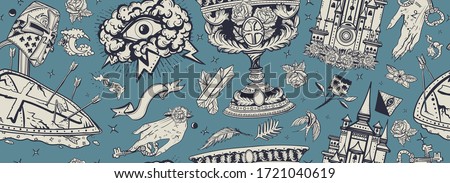 Medieval. Seamless pattern. Warrior crusader, sacred holy grail, ancient castle, occult hands, all seeing eye, sword and arrows. Middle age art 