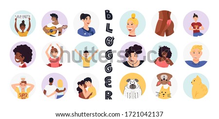 Blogging and vlogging sticker, avatar, highlights set. A lot of various persons and different age, ethnics, professions and interests and pets profile avatar too. Flat vector hand drawn illustration.