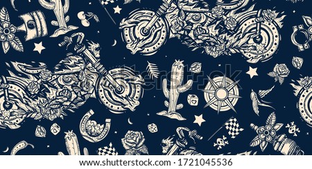 Bikers seamless pattern. Burning chopper motorcycle, cactus, road, compass. Rider sport art. Motor and spark plug. Lifestyle of racers background. Old school tattoo style 