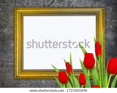 Vintage gold frame with ornament with red tulips, stone background, free space for your design and home interior, mock up