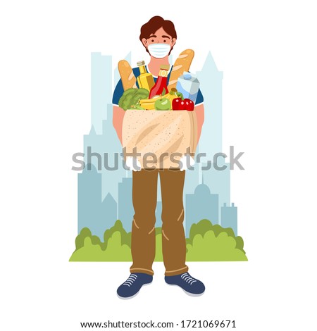 Courier with the product package on the city background. Male courier character with food during the prevention of virus. Safety home and quarantine concept. Vector illustration in flat style. 