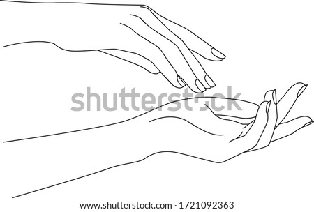 Woman Hands Delicate Rejuvenating, Elegant female hands, Realistic Gestures, Line Art, Vector Illustration