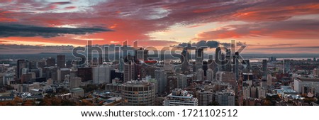 Montreal sunrise city skyline panorama with skyscraper in Canada