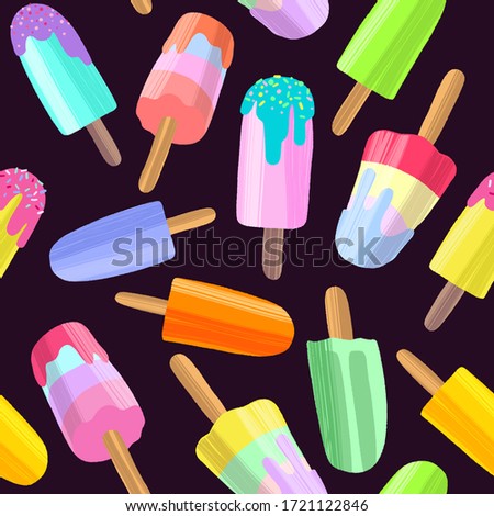 Ice cream background, summer dessert seamless pattern. Hand drawn colorful fruit ice, frozen yogurt, popsicle. Vector illustration in modern flat style for web design or print.